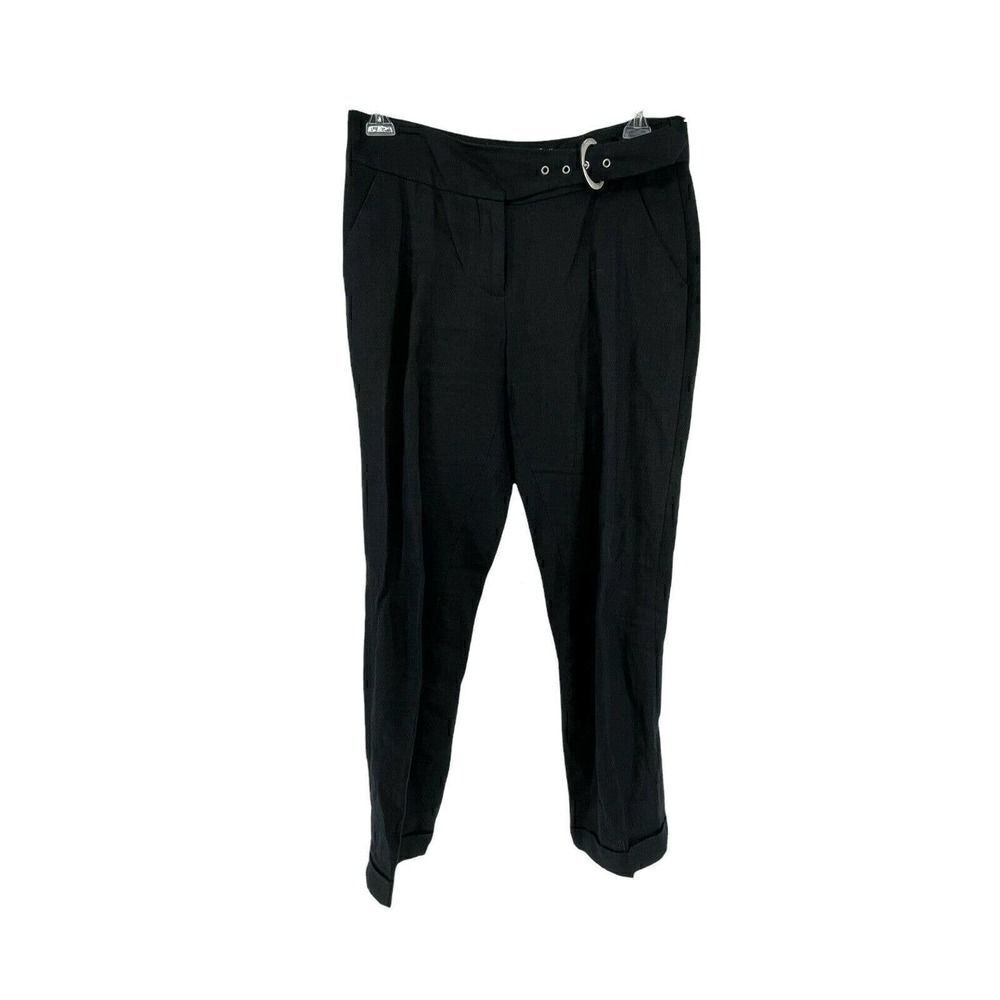 Sandra Angelozzi Linen Pants Black Size 36 US Small Tapered Cuffed Belted Chic